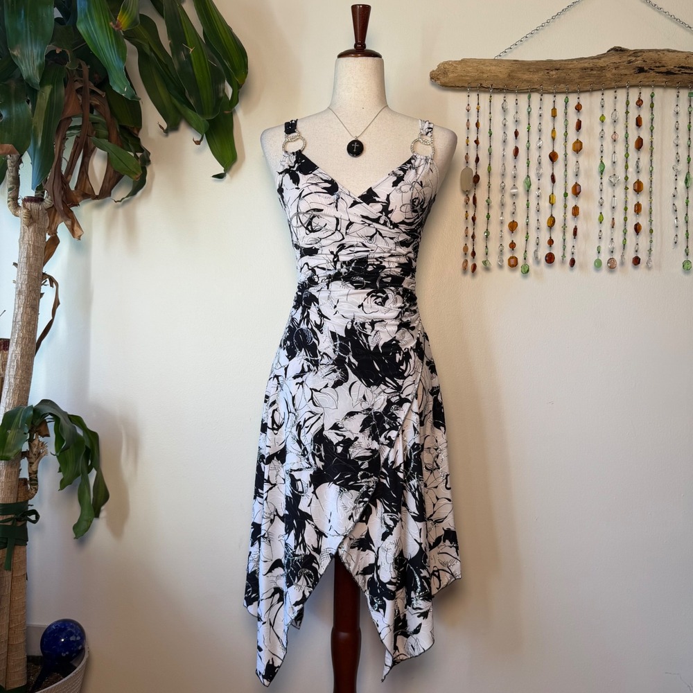 Y2k Euro Janine Black White Floral Sequin Handkerchief Hem Midi Dress XS Fairy
